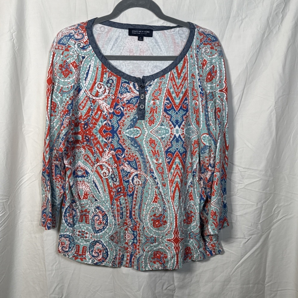Jones New York Woman Top Size 2X Multi Color Paisley 3/4 Sleeve Henley Blouse